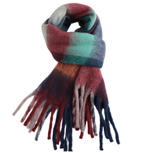 Load image into Gallery viewer, Bella Tartan Blanket Scarf with Tassels - Burgundy, Blue & Orange