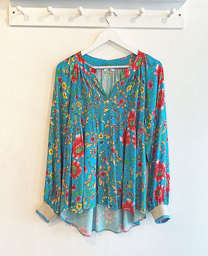 Gabriella Turquoise Floral Smock Blouse