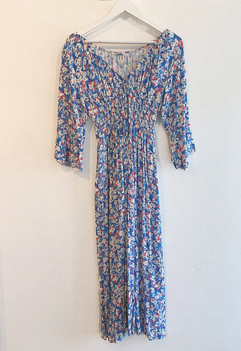 Miranda Ditsy Print Floral Shirred Maxi Dress - Cobalt Blue