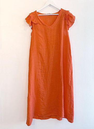 Vivianne Frill Shoulder Trim Linen Maxi Dress - Coral