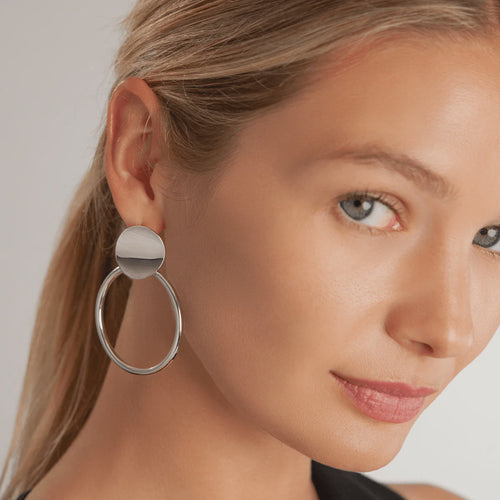 Vivienne Circle Drop Earrings - White Gold Plated