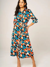 Load image into Gallery viewer, Aria Floral Print Midi Shirt Dress - Teal, Orange &amp; Black