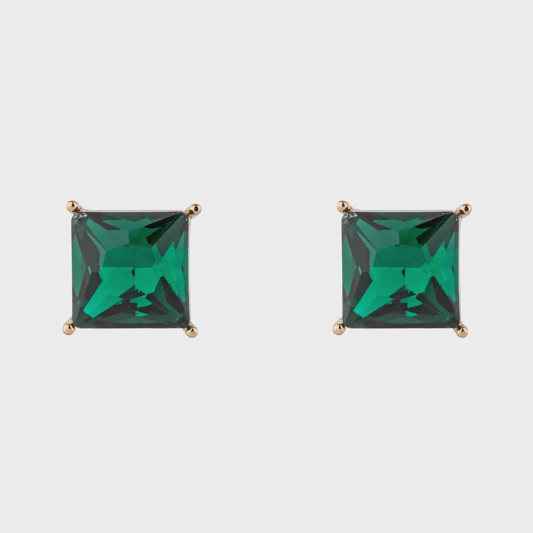 Iris Square Crystal Stud Earrings - Gold & Emerald