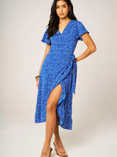 Load image into Gallery viewer, Bryony Ditsy Floral Print Wrap Midi Dress - Blue &amp; White