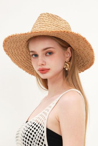Daisy Raffia Edge Straw Fedora Hat - Natural