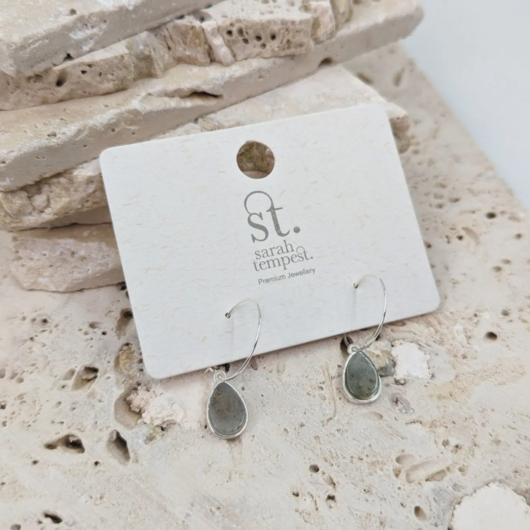 Fine Silver Hoop & Semi-Precious Stone Pendant Earrings - Silver  & Grey