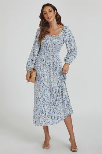 Isla Floral Print Shirred Maxi Dress - Pale Blue