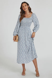 Isla Floral Print Shirred Maxi Dress - Pale Blue
