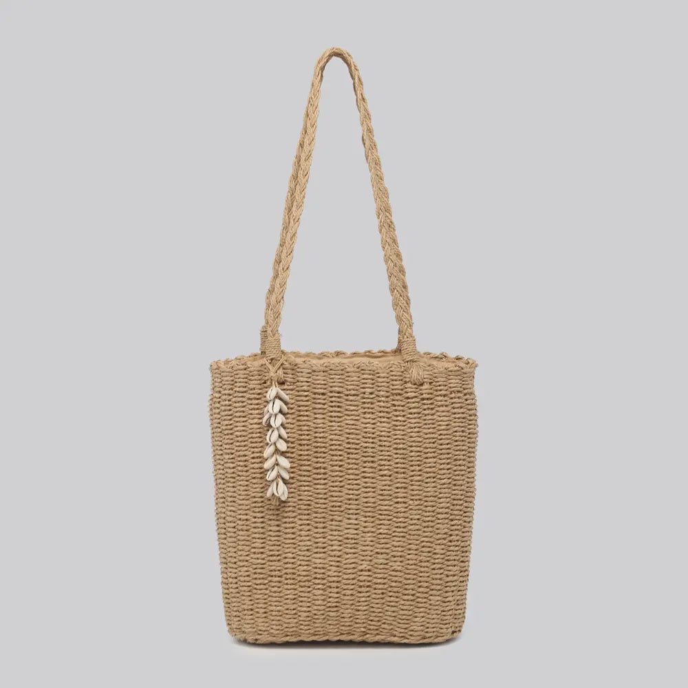 Poppy Hessian Tote Bag with Shell Charm - Camel