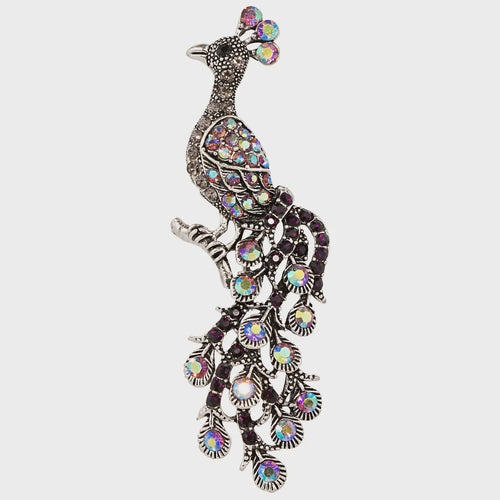 Kylie Antique Silver Crystal Peacock Brooch