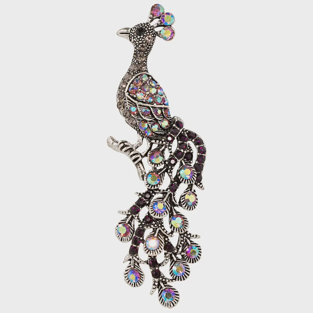 Kylie Antique Silver Crystal Peacock Brooch