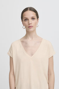 ICHI Rebel Metallic Detail V Neck Tee - Tapioca