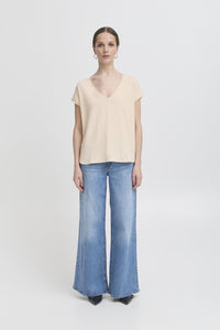 ICHI Rebel Metallic Detail V Neck Tee - Tapioca