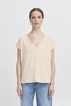 Load image into Gallery viewer, ICHI Rebel Metallic Detail V Neck Tee - Tapioca