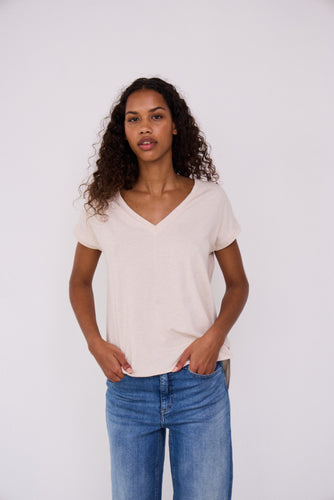 ICHI Rebel Metallic Detail V Neck Tee - Tapioca