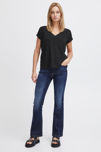 ICHI Rebel Metallic Detail V Neck Tee - Black