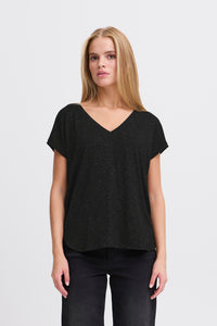 ICHI Rebel Metallic Detail V Neck Tee - Black