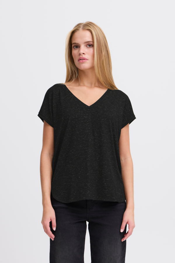 ICHI Rebel Metallic Detail V Neck Tee - Black