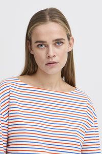 ICHI Mira Boat Neck Stripe Cotton Top - Multi Coloured Stripe