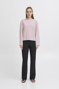 ICHI Mira Boat Neck Stripe Cotton Top - Multi Coloured Stripe