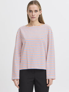 ICHI Mira Boat Neck Stripe Cotton Top - Multi Coloured Stripe