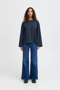 ICHI Kala Long Sleeve Stripe Sweatshirt Top - Total Eclipse