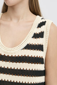 ICHI Birdis Striped Knitted Vest Top - Black & Almond Milk