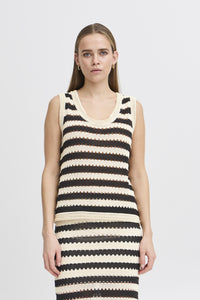 ICHI Birdis Striped Knitted Vest Top - Black & Almond Milk