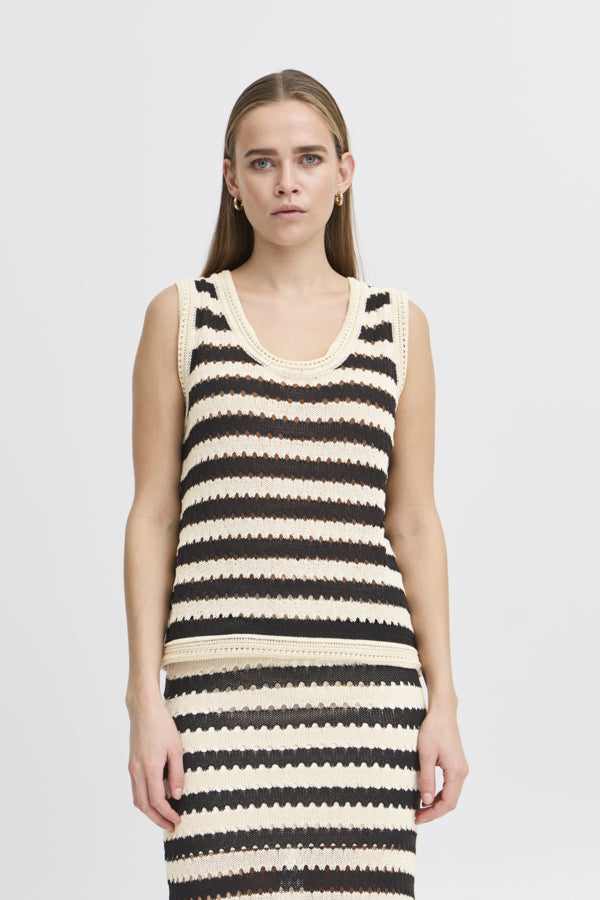 ICHI Birdis Striped Knitted Vest Top - Black & Almond Milk