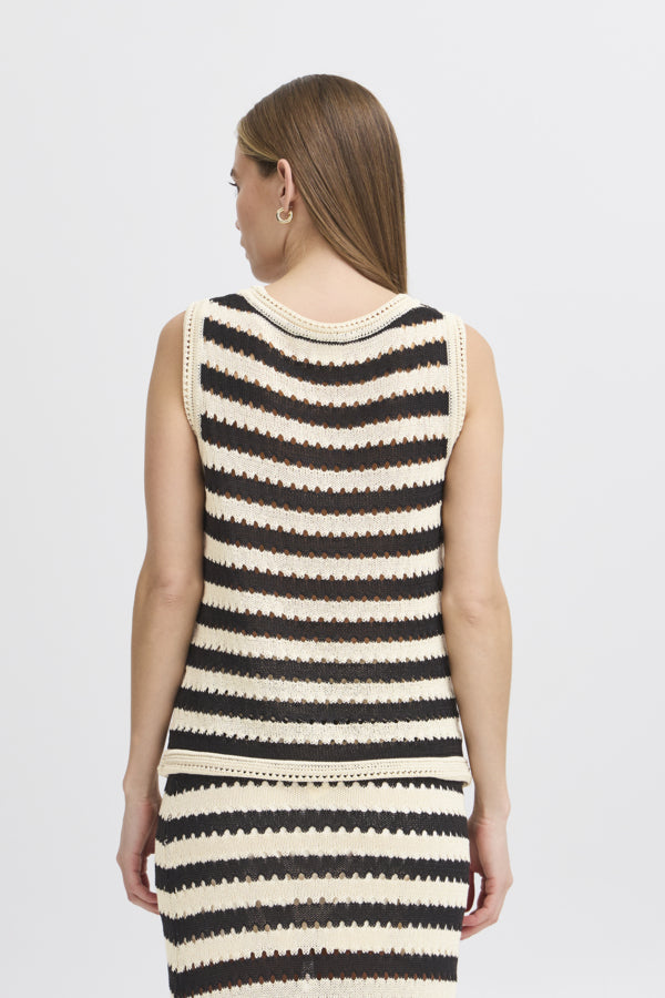 ICHI Birdis Striped Knitted Vest Top - Black & Almond Milk