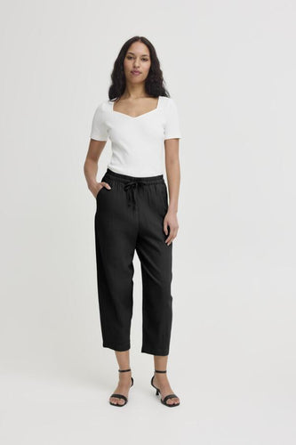 ICHI Linno Barrel Leg Linen Blend Trousers - Black