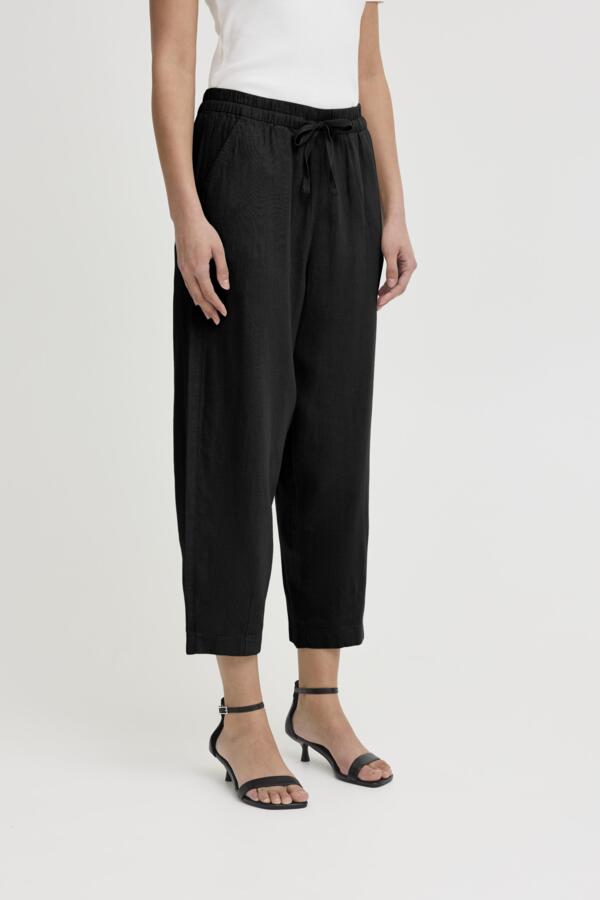 ICHI Linno Barrel Leg Linen Blend Trousers - Black