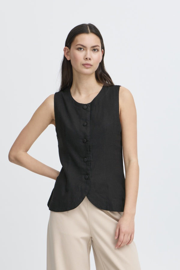 ICHI Linno Linen Blend Waistcoat - Black