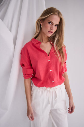 ICHI Linno Linen Blend Long Sleeve Shirt - Geranium