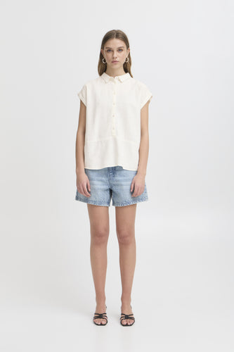 ICHI Linno Linen Blend Short Sleeve Blouse - Cloud Dancer