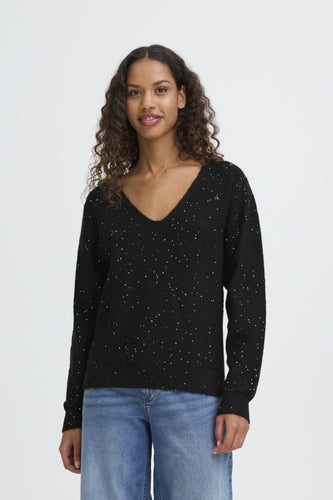 ICHI Damian Sparkle V Neck Wool Blend Jumper - Black
