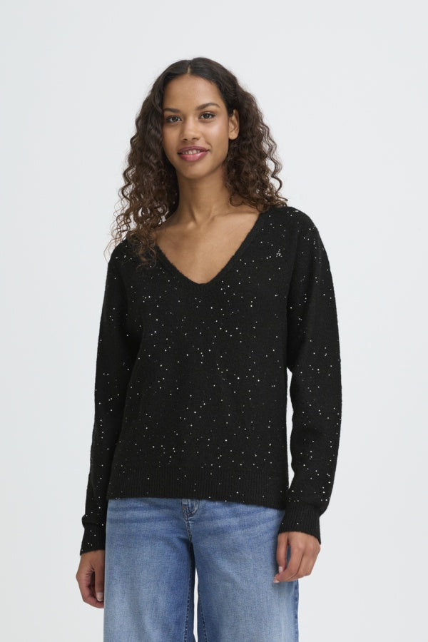 ICHI Damian Sparkle V Neck Wool Blend Jumper - Black