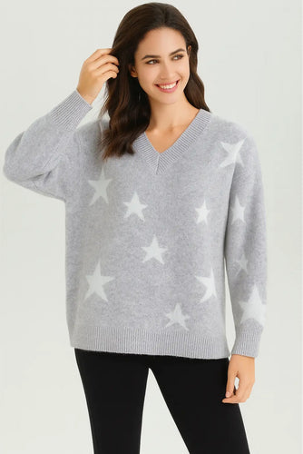 Astrid V Neck Star Wool Blend Jumper - Silver
