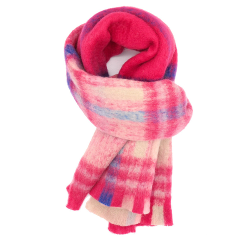Isla Tartan Print Blanket Scarf - Fuchsia, Cream & Blue