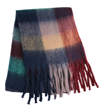 Load image into Gallery viewer, Bella Tartan Blanket Scarf with Tassels - Burgundy, Blue &amp; Orange