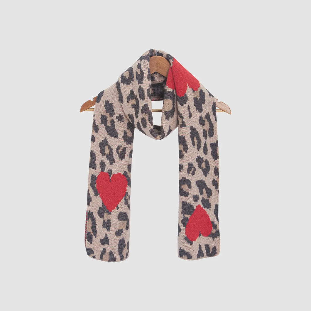 Wylda Tan Leopard & Red Hearts Heavyweight Scarf