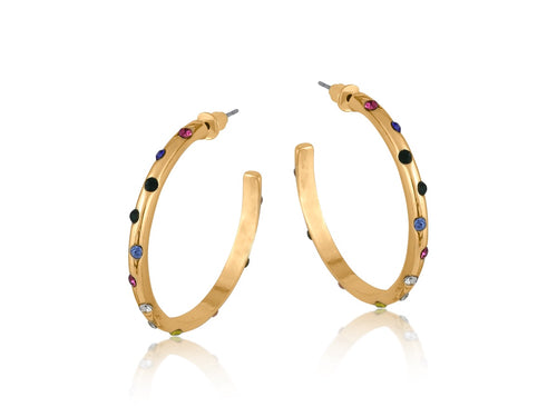 Ginette Rainbow Stone Thin Hoop Earrings - Gold Plated