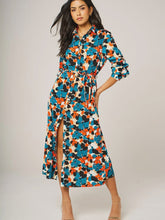 Load image into Gallery viewer, Aria Floral Print Midi Shirt Dress - Teal, Orange &amp; Black