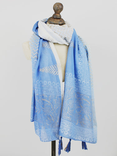 Delicate Leaf Block Printed Cotton Scarf - Blue & Gold