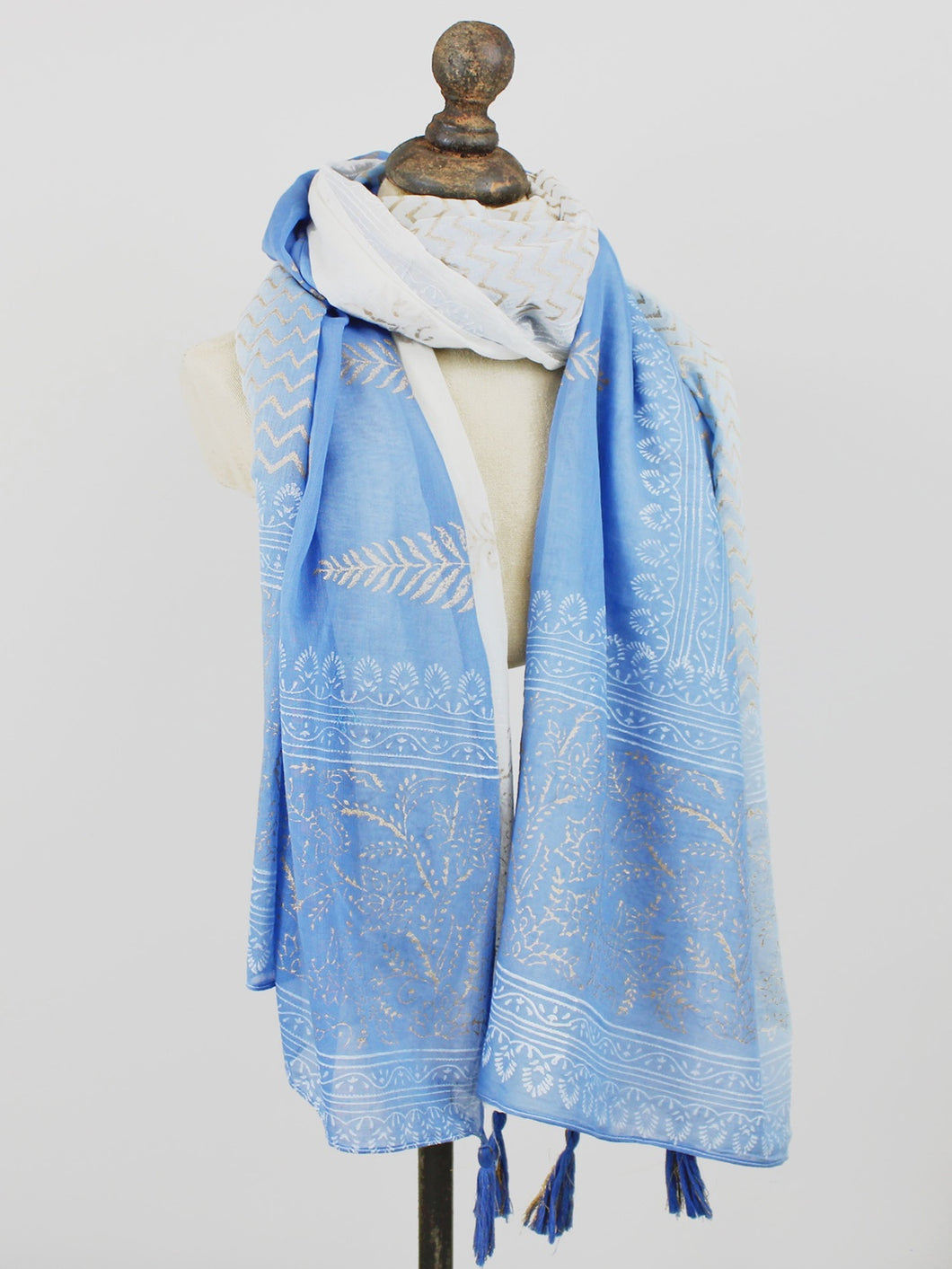 Delicate Leaf Block Printed Cotton Scarf - Blue & Gold