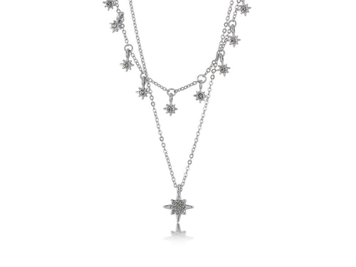 Celena Layered Star & Crystal Necklace - Silver Plated