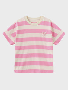 CUBIC Heart Slogan Striped Cotton Tee - Pink & White
