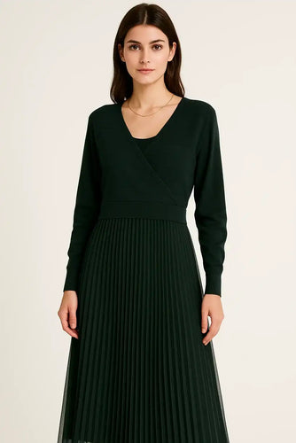 Isobel 2-in-1 Layered Wool Blend & Pleated Dress  - Dark Green