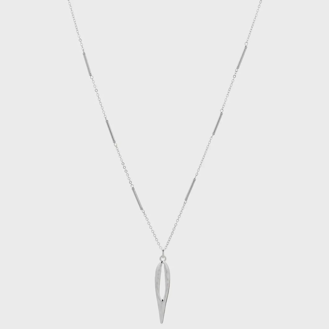 Eternal Leaf Shape Pendant Long Necklace - Rhodium Silver