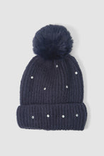 Load image into Gallery viewer, Stella Diamond Faux Fur Pom Pom Beanie Hat - Navy